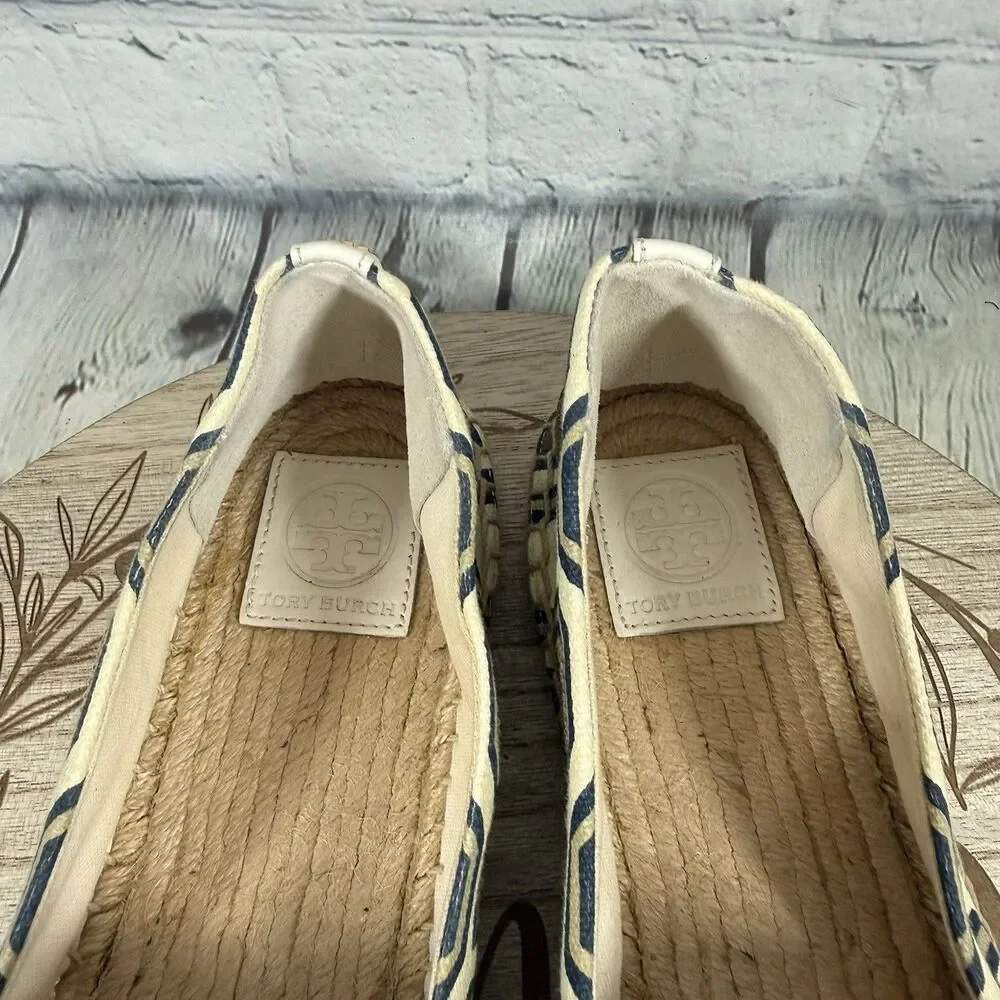 Tory Burch Espadrille Flats Size 11 Blue Gold Geometric Sequin Canvas Slip On